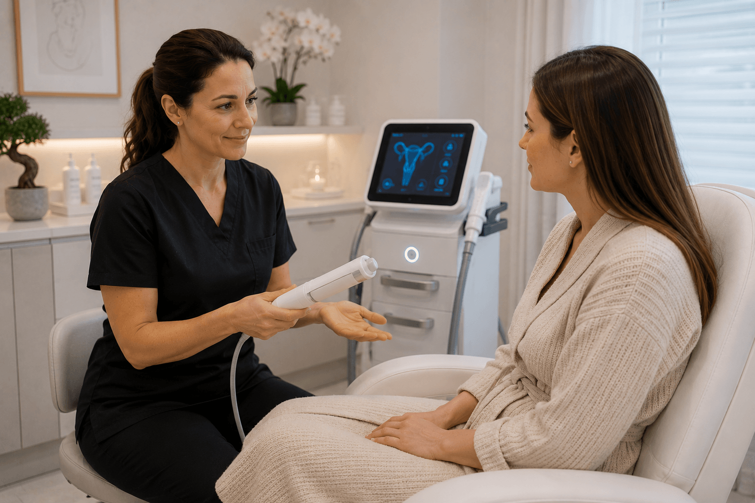 Practitioner consulting with a fully clothed client about a pelvic health treatment